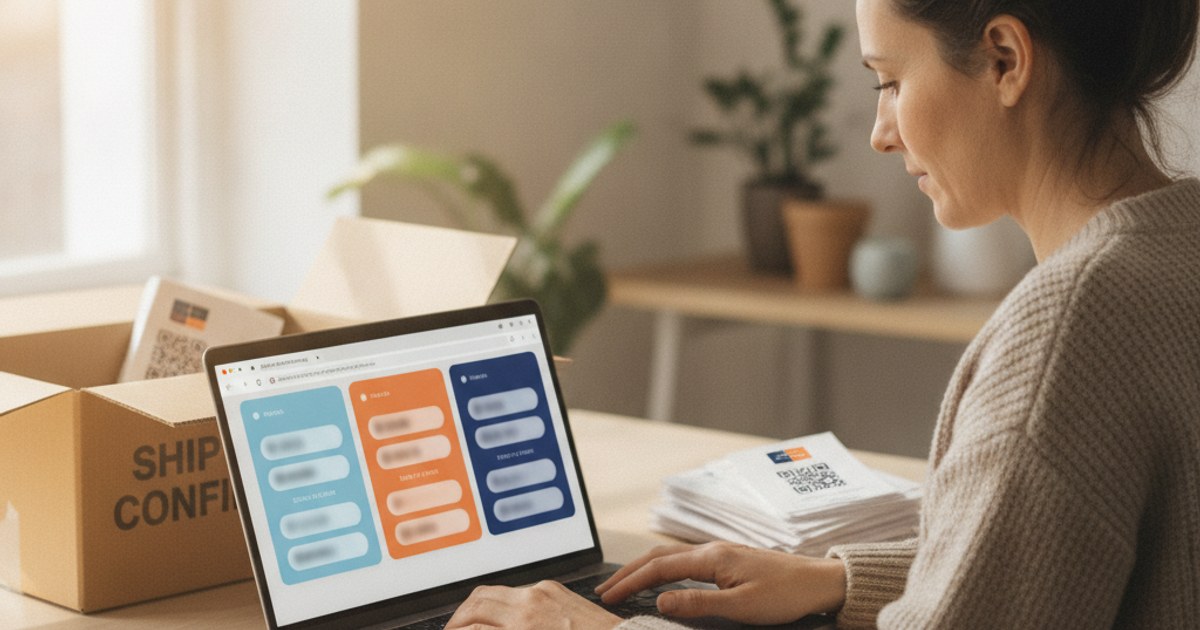 Dueno de negocio revisando en una laptop pedidos de varios marketplaces distintos a la vez