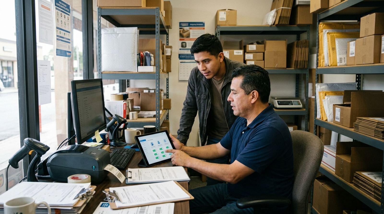 Dueño de negocio de paquetería mostrando en una tablet un panel con distintos accesos de usuario a un empleado