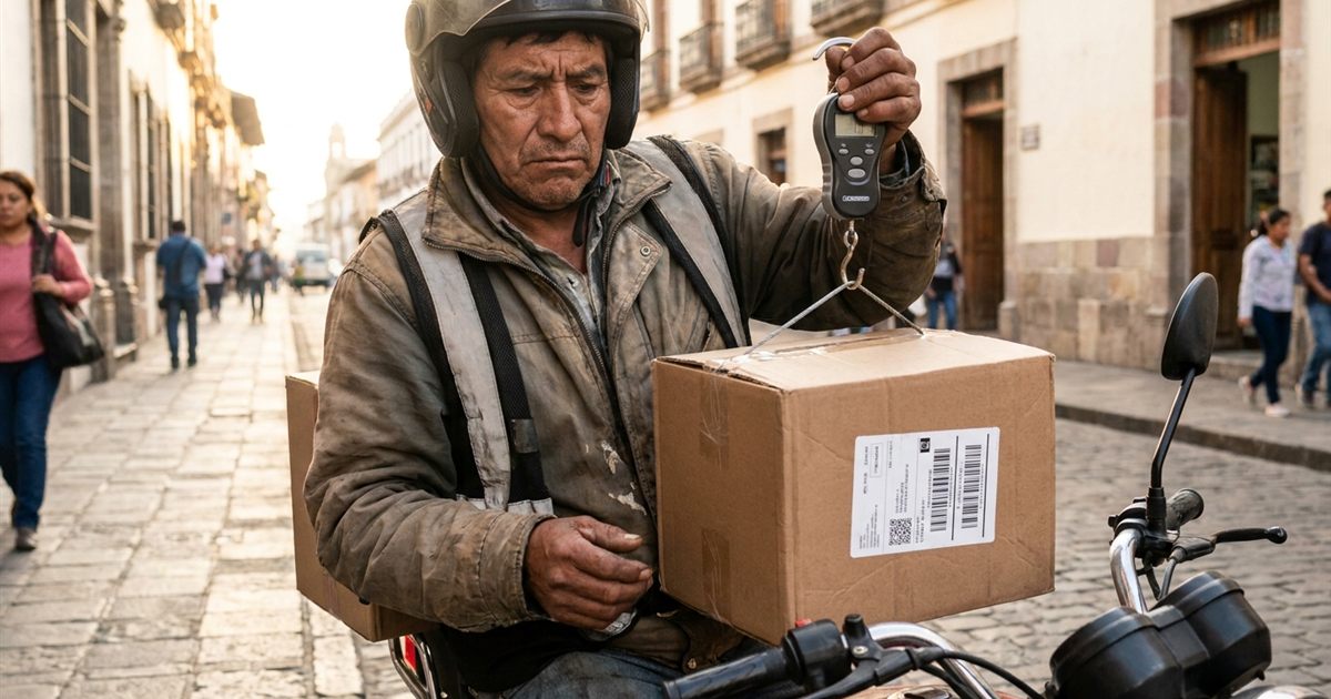 Repartidor latinoamericano en moto revisando el peso de un paquete antes de cargarlo, con la etiqueta de envío que indica el peso máximo permitido