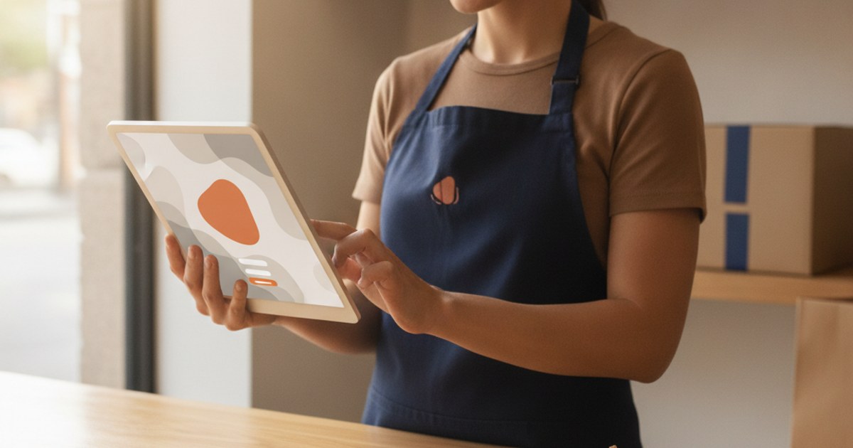 Empleada de una tienda conectada iniciando sesión en un portal con la marca de su propio courier