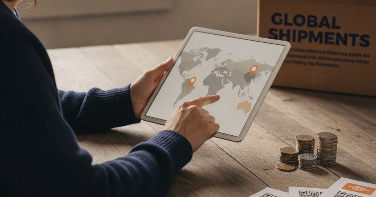 Dueño de un negocio de paquetería comparando en una tablet el precio de un software en distintas monedas