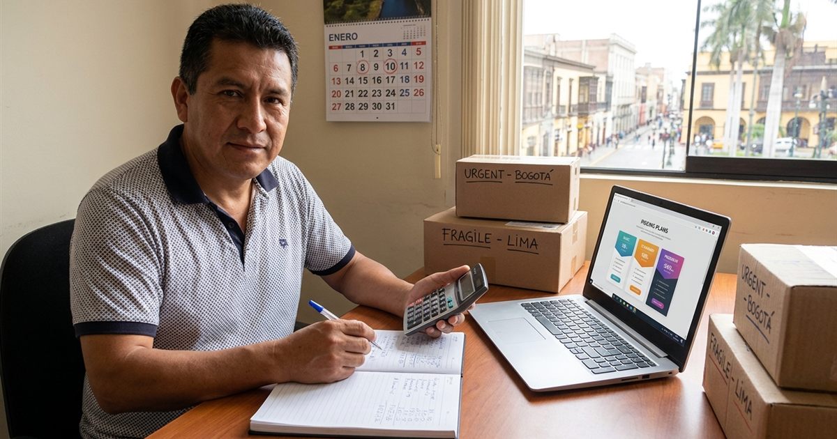 Dueño de un courier latinoamericano calculando el presupuesto anual de su software de paquetería con una calculadora y una libreta junto a paquetes