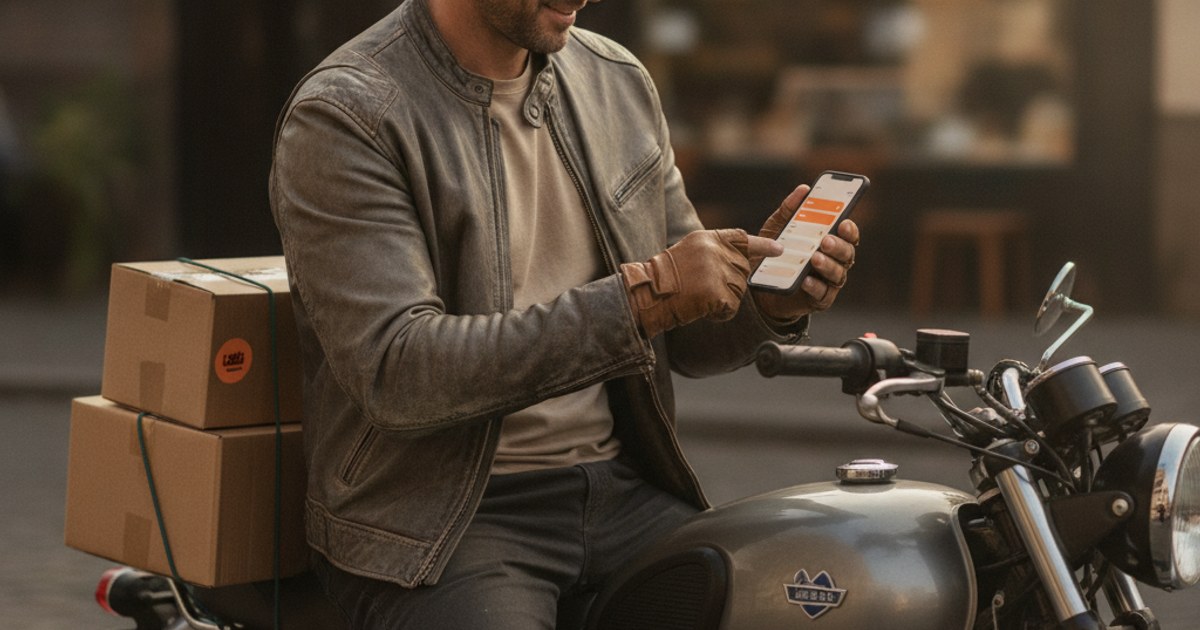 Repartidor de mensajería revisando en su celular una guía marcada como urgente entre varias entregas del día