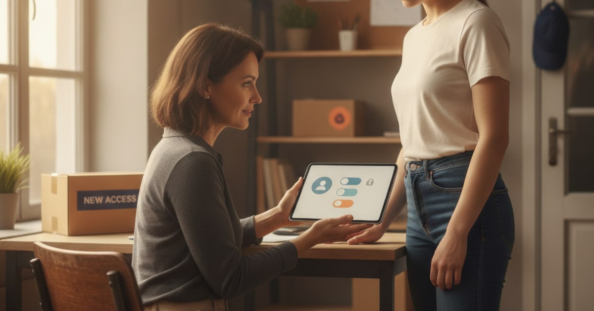 Dueño de un negocio de paquetería configurando el acceso administrativo de su primer empleado de oficina en una tablet