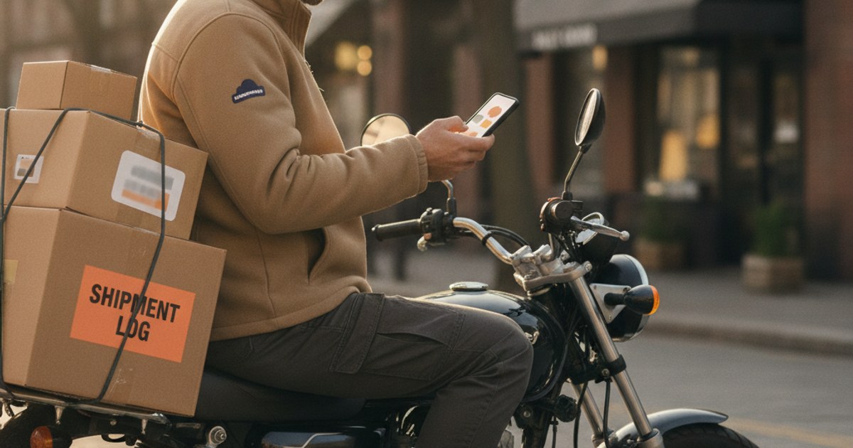 Repartidor revisando en su celular las entregas asignadas junto a una moto cargada con paquetes
