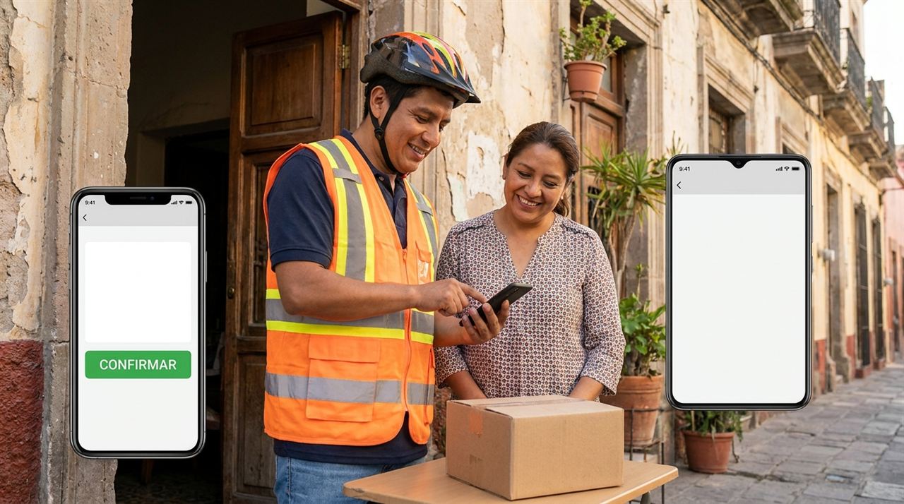 Mensajero latino con casco y una clienta confirmando una entrega desde un celular con un programa de paquetería fácil de usar