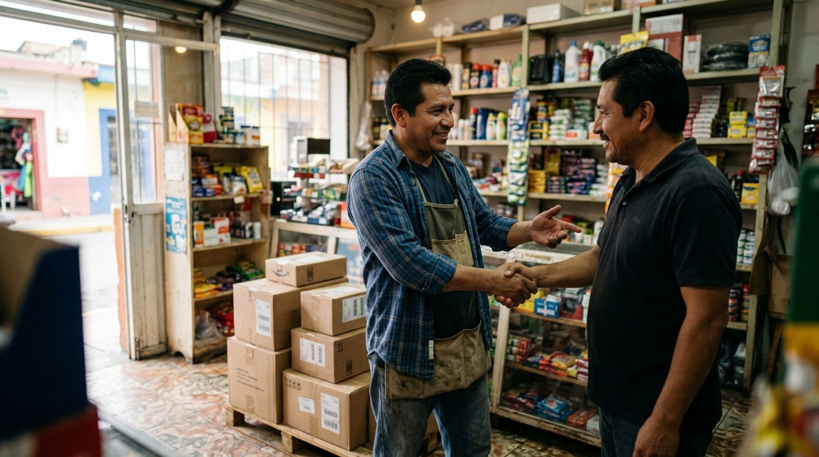 Dueña de una tienda conectada recomendando por celular el software de paquetería a otra tienda