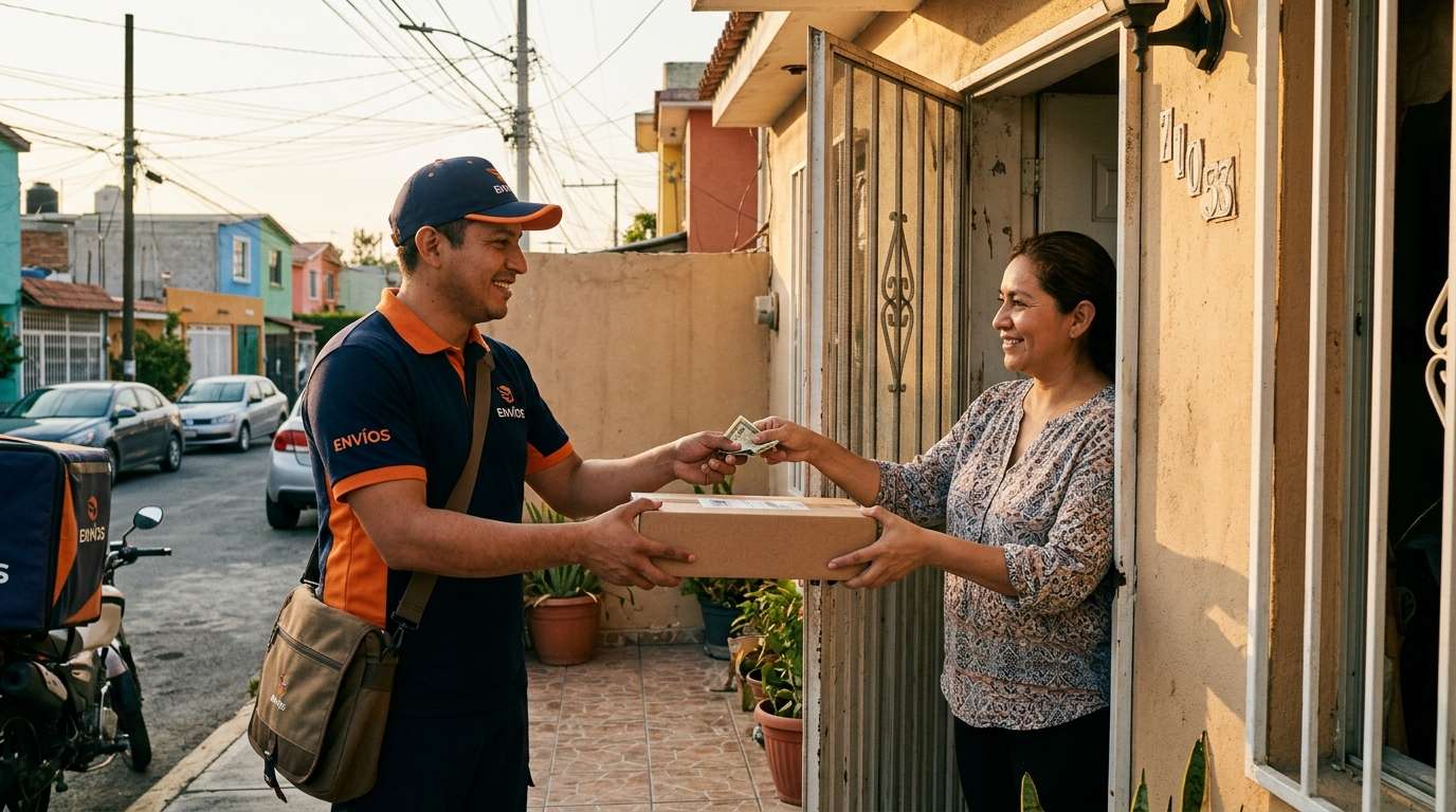 Repartidor sonriente recibiendo una propina en efectivo de una clienta en la puerta de su casa