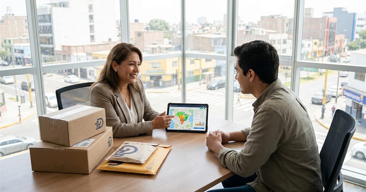 Dueña de un courier latinoamericano presentando una propuesta de servicio de envíos a la dueña de una tienda online en una reunión