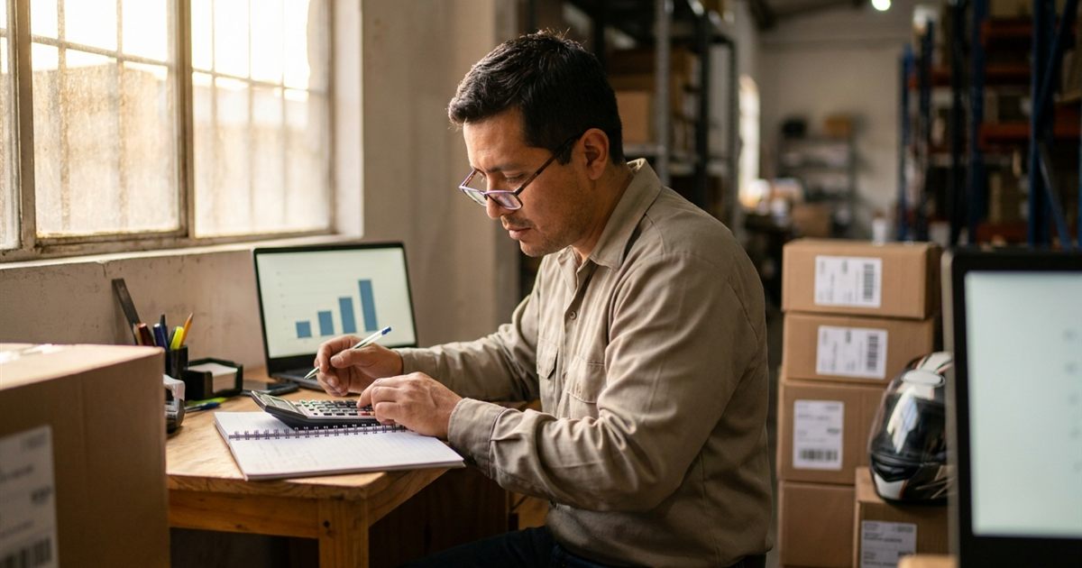 Dueño latino de un courier haciendo cuentas en una libreta frente a su computadora para calcular el punto de equilibrio de su paquetería