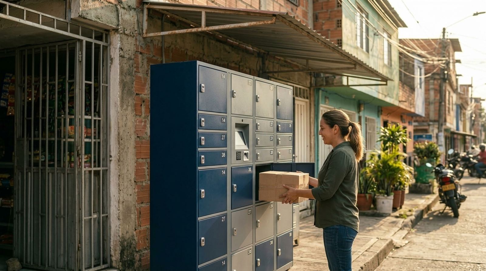 Cliente retirando un paquete en un locker de punto de recogida con código QR de guía en el celular