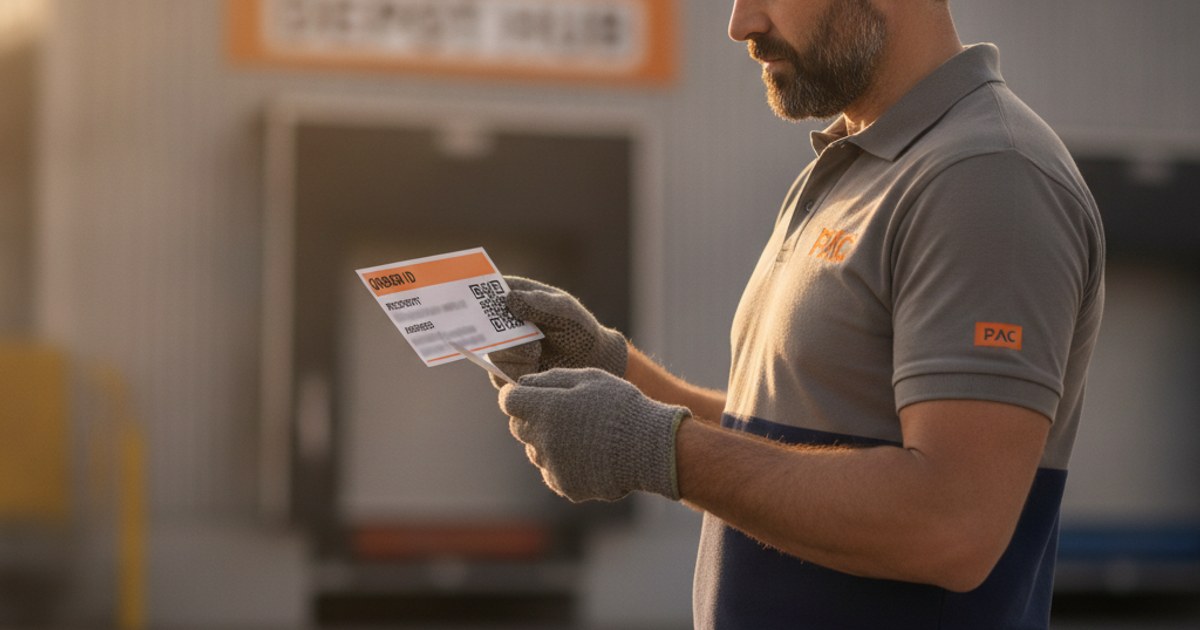 Repartidor revisando los campos impresos en una etiqueta de guía de envío con código QR