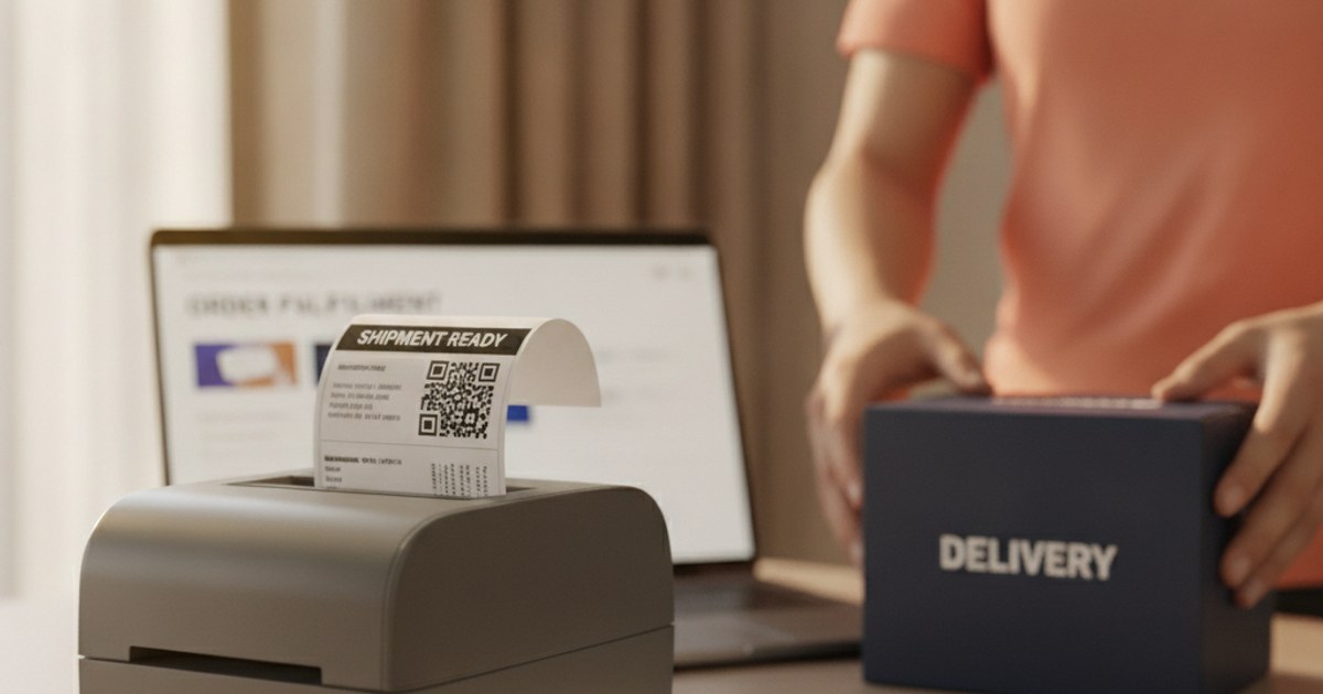Impresora termica imprimiendo una etiqueta de guia de envio con codigo QR lista para pegar