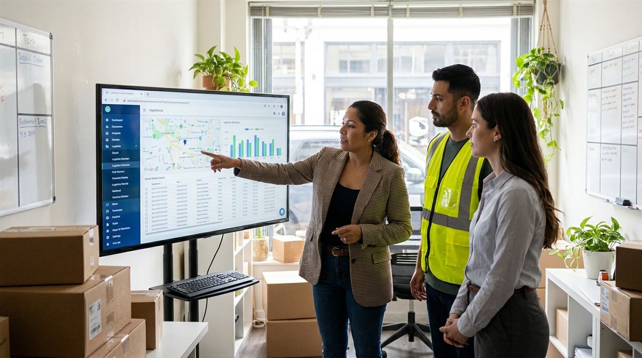 Dueña latina de un courier explicando en un monitor los paneles de un software para courier, con listado de guías, mapa y gráficos, a un repartidor y una clienta