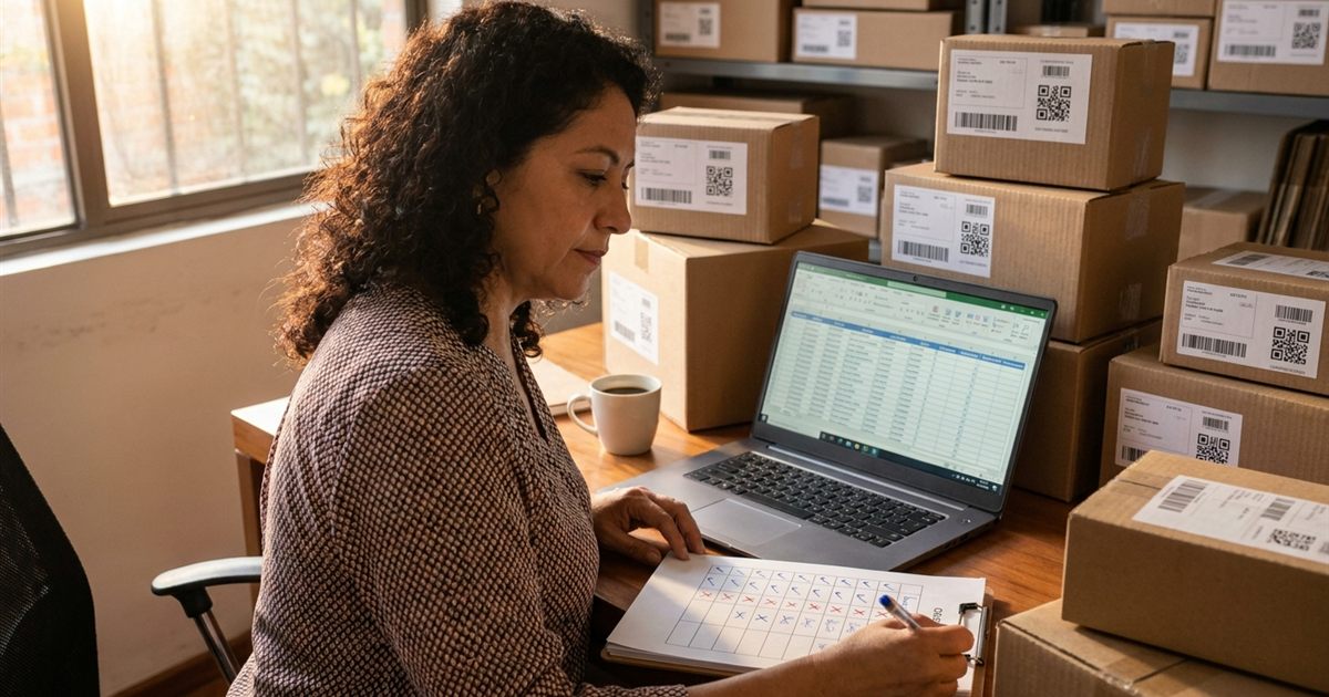 Courier latinoamericano revisando en una laptop una lista de funciones de su software de paquetería junto a cajas con etiquetas de envío