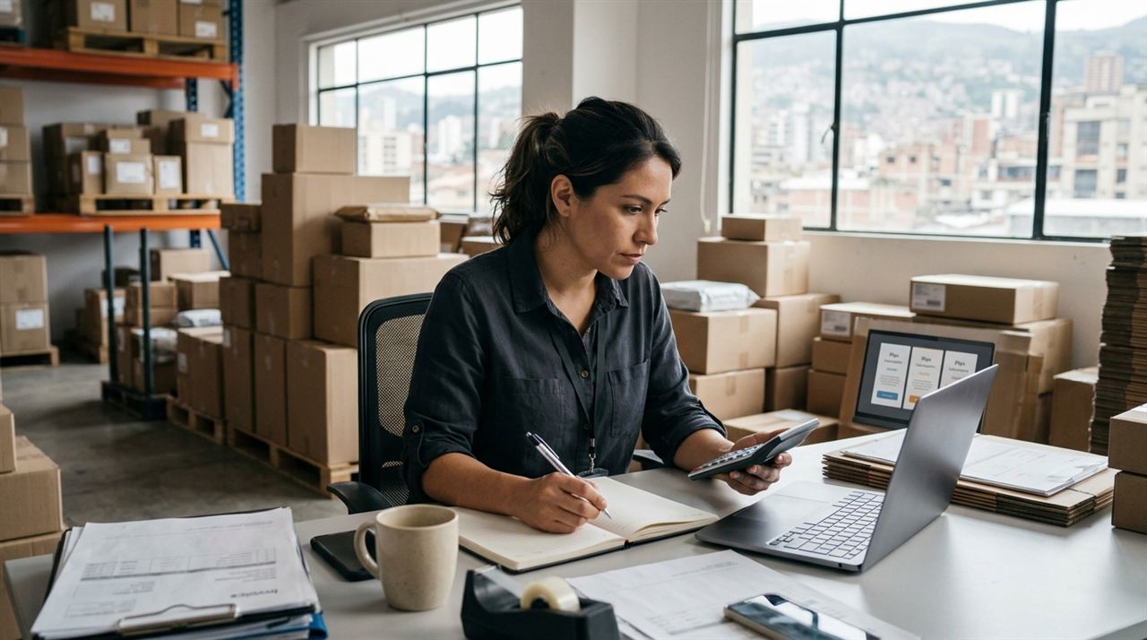 Dueña de un courier calculando en su laptop qué plan de software de paquetería le conviene según sus guías y repartidores