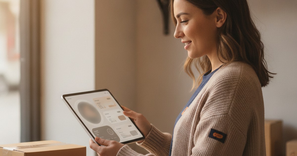 Empleada de tienda conectada revisando en una tablet solo la informacion visible en su propio panel