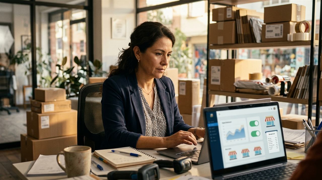 Dueña latina de un courier configurando qué ve cada tienda del cobro contra entrega y la liquidación en su software de paquetería