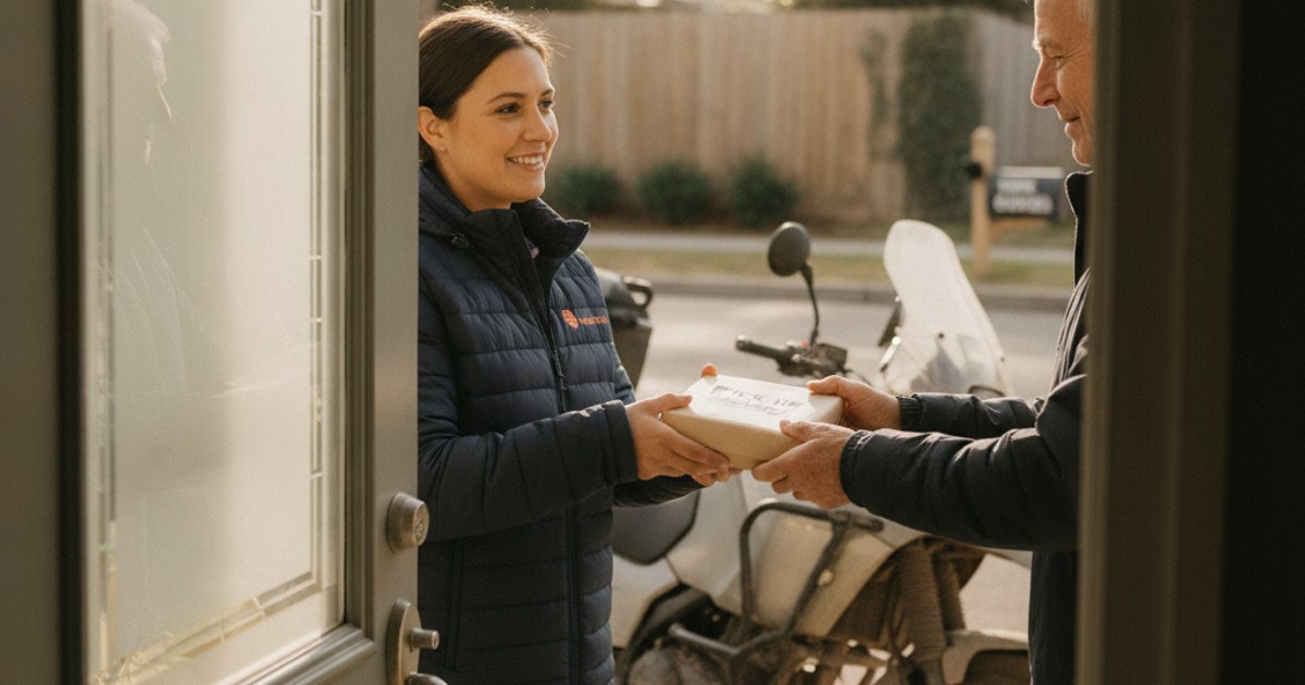 Repartidor recogiendo un paquete directamente en la puerta de la casa de un cliente