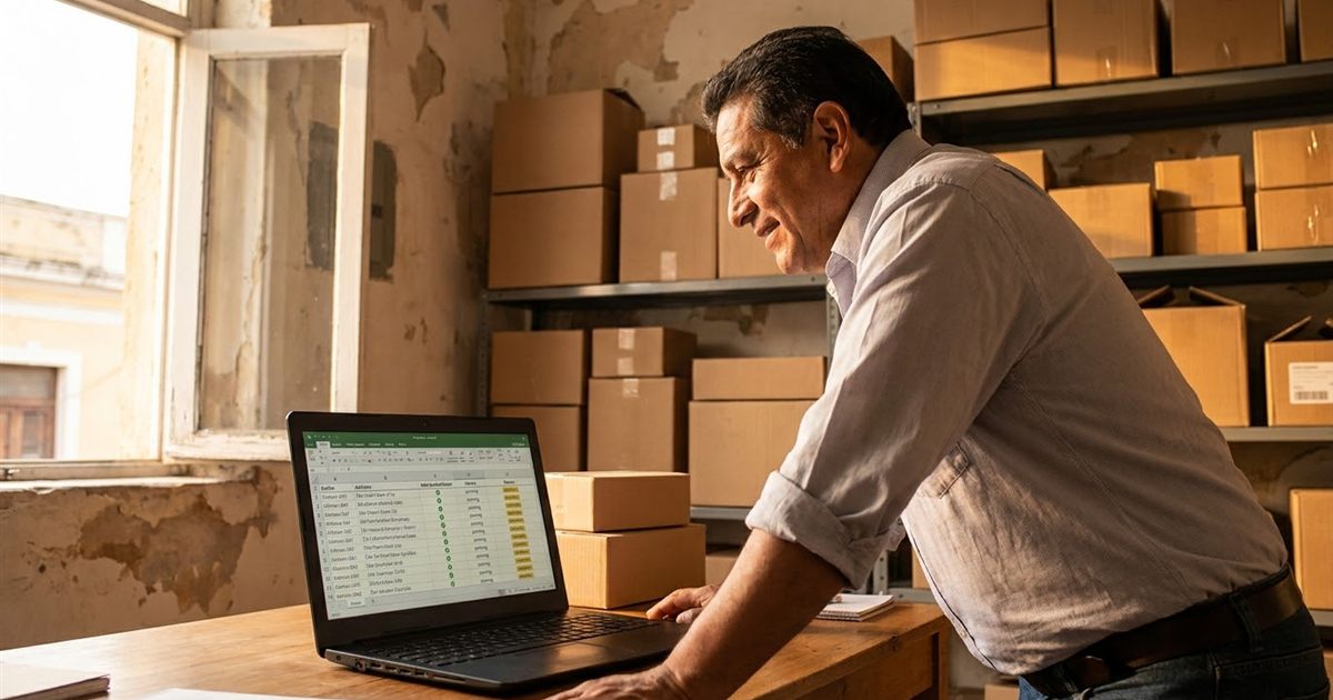 Courier latino revisando en su computadora la lista de recolectas pendientes, automáticas y completadas de su software de paquetería