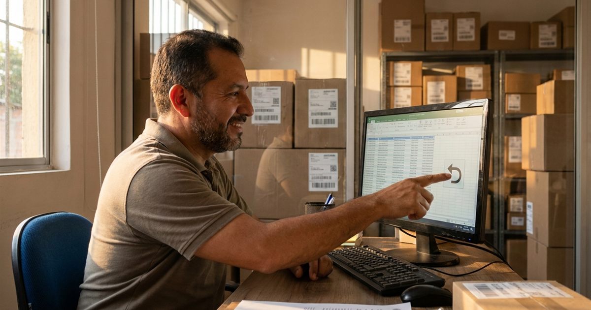 Courier revisando en su computadora la lista de guías de envío eliminadas para recuperar una guía borrada por error