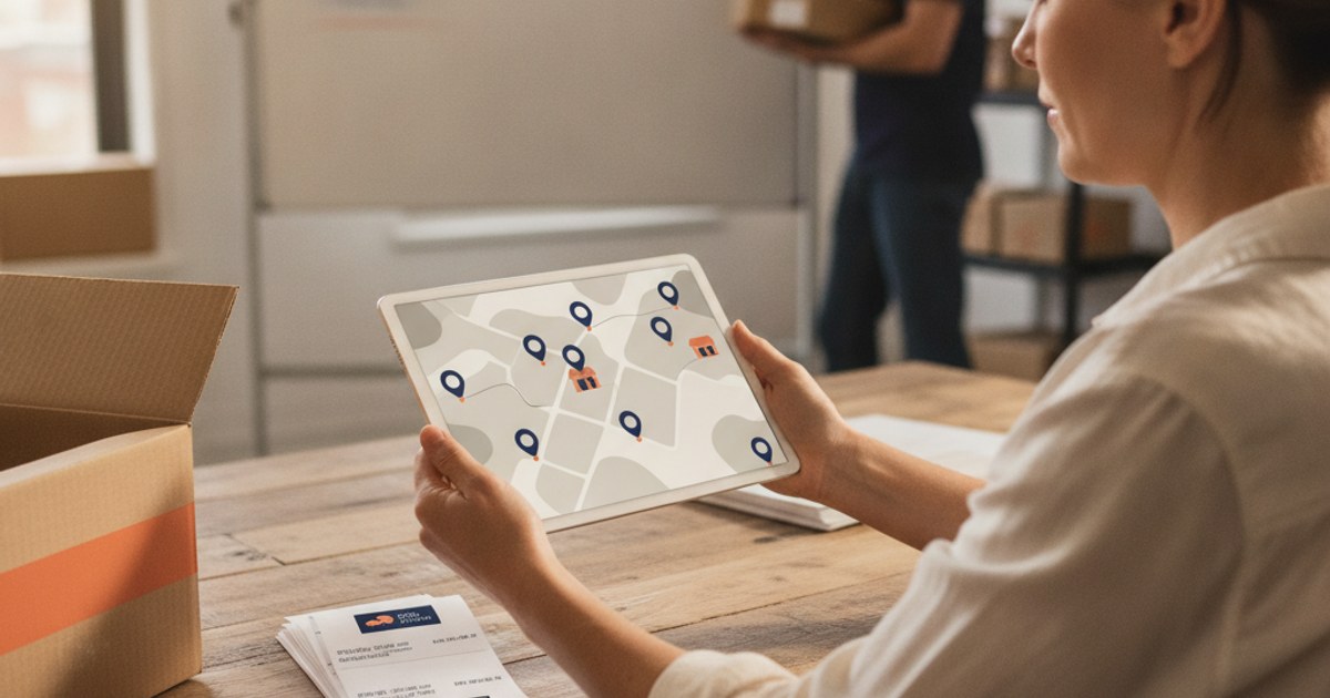 Dueño de un negocio de paquetería revisando en una tablet el panel de varios agentes o puntos asociados en distintas ciudades