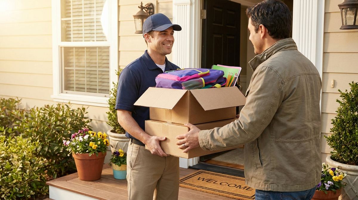 Cajas con útiles escolares y mochilas listas para reparto durante la temporada de regreso a clases con software de paquetería