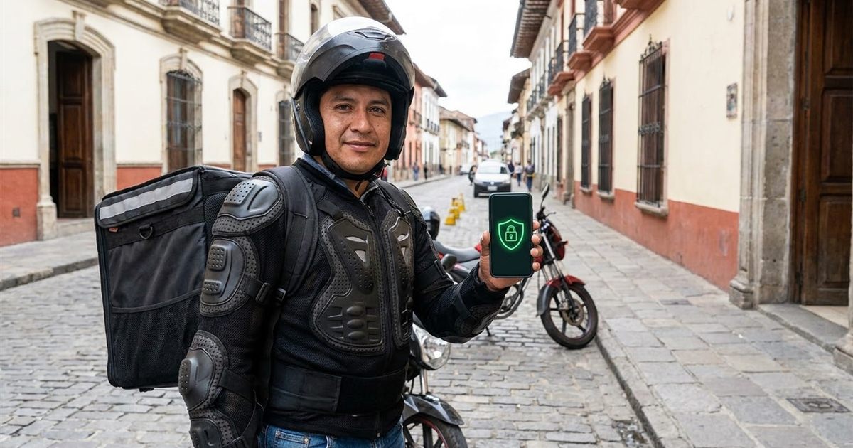 Repartidor latino revisando su celular con la app de entregas de un courier después de perder su teléfono anterior