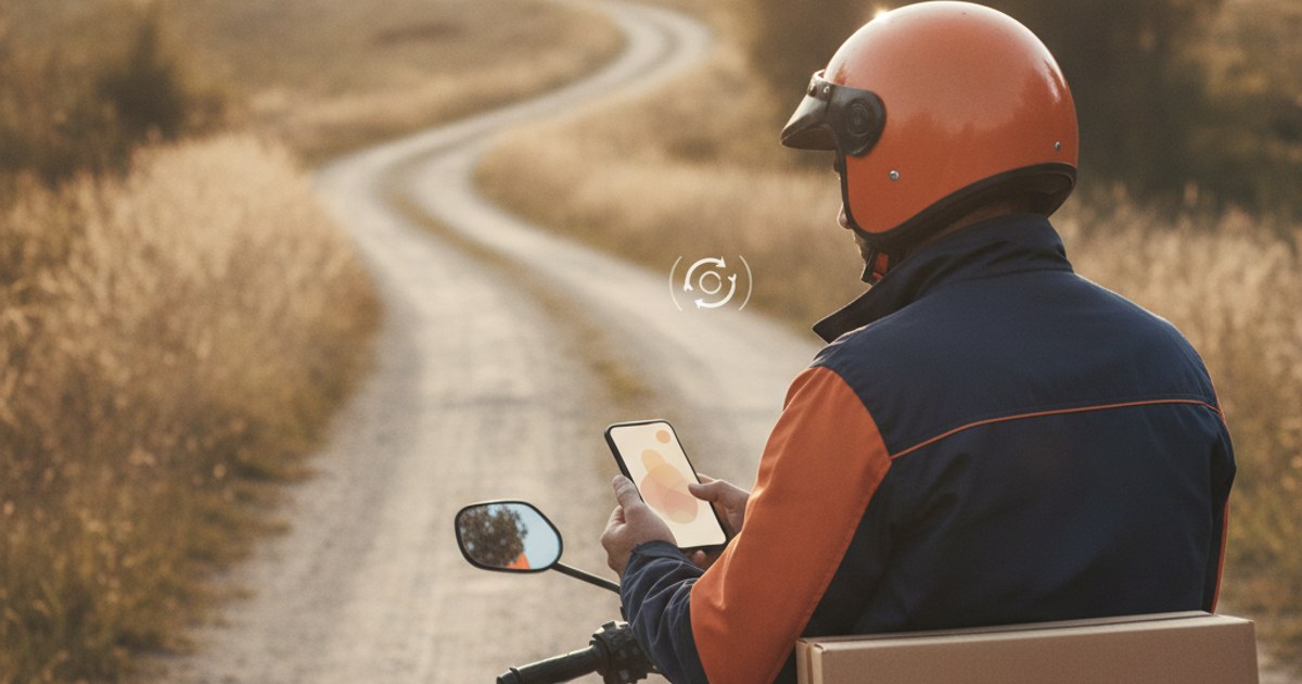Repartidor en moto revisando su celular sin señal en una zona alejada de la ciudad