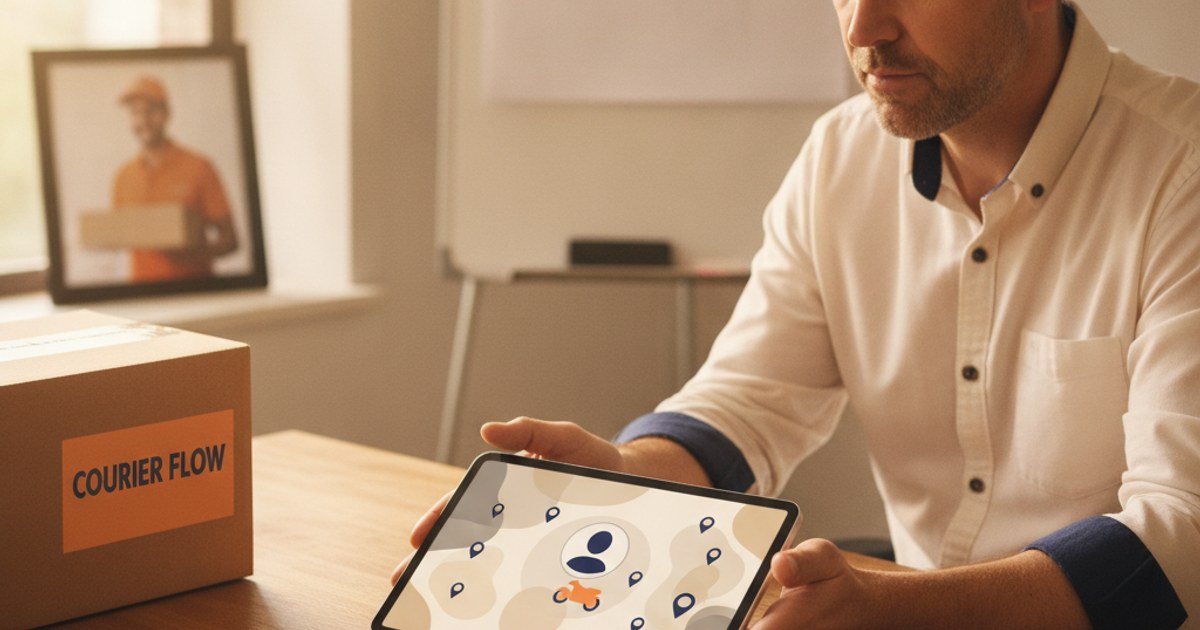 Dueño de un negocio de paquetería comparando en una tablet los costos de tener repartidores propios contra tercerizar el reparto
