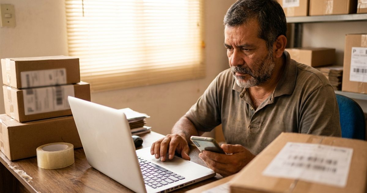 Dueño latino de un courier completando el formulario de soporte de su software de paquetería con una captura de pantalla adjunta