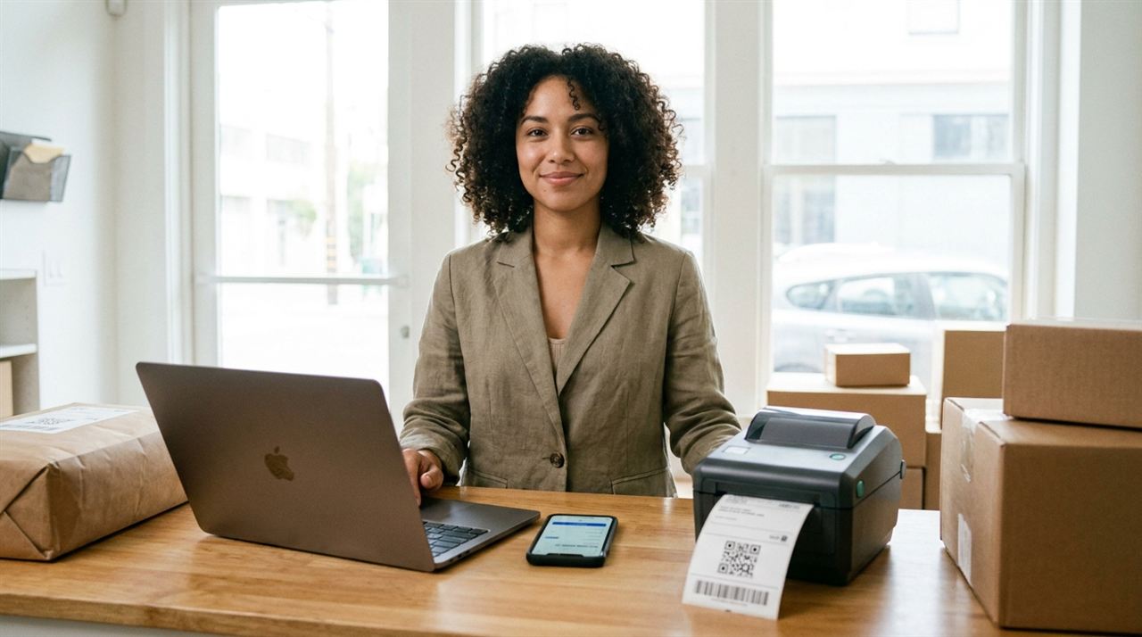 Emprendedora latina en su mostrador de courier con una laptop, un celular y una impresora de etiquetas listos para usar un programa de paquetería