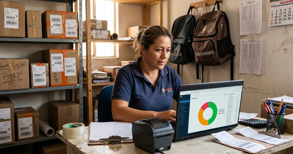 Dueña de un negocio de paquetería revisando en su computadora el gráfico de resumen de guías por estado y período