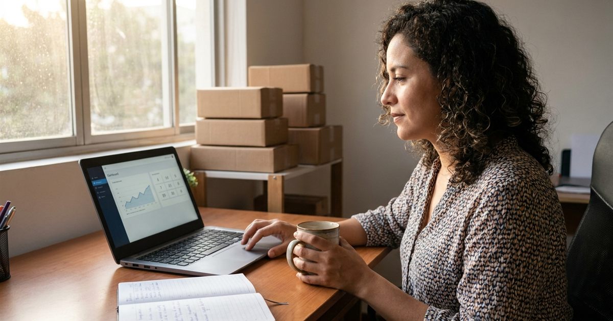 Dueña latina de un courier revisando el panel de su software de paquetería en una laptop durante su revisión semanal de lunes por la mañana