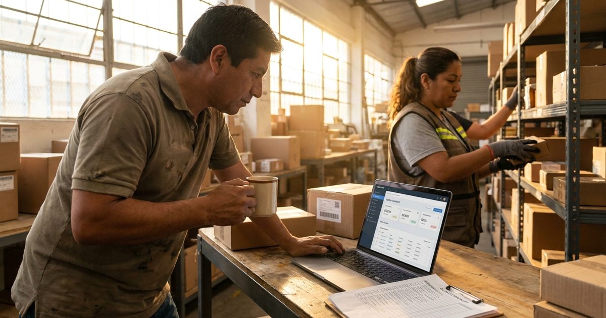 Dueña de un courier latinoamericano revisando su rutina diaria de apertura y cierre en el panel de su software para courier