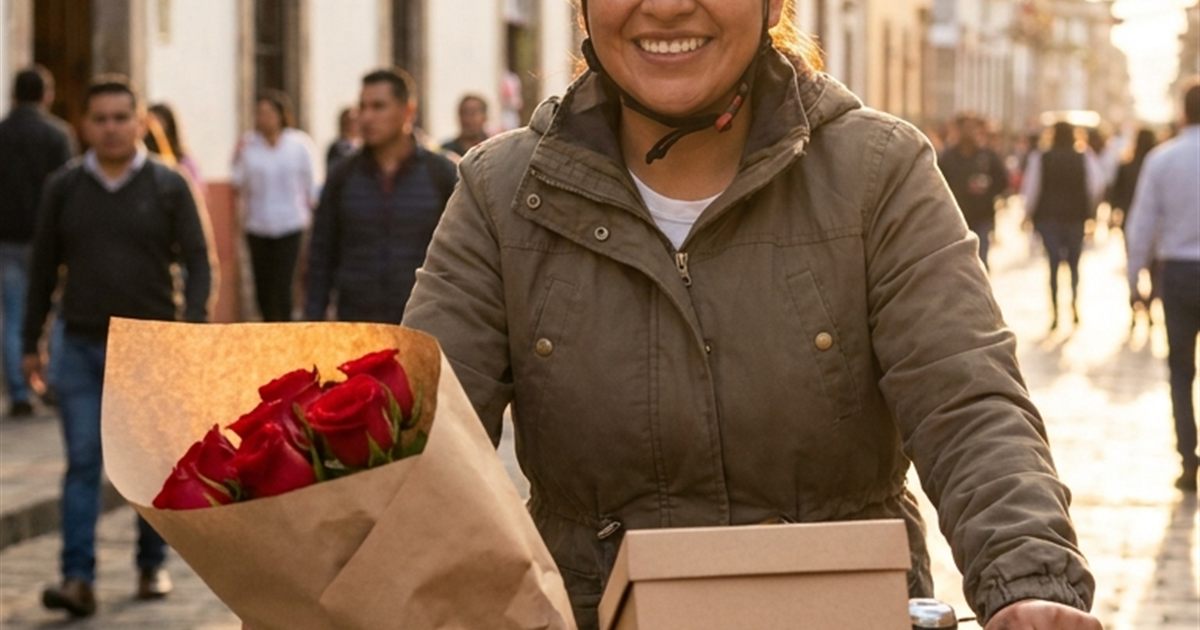 Repartidor entregando un arreglo de flores de San Valentín con guía y código QR de rastreo