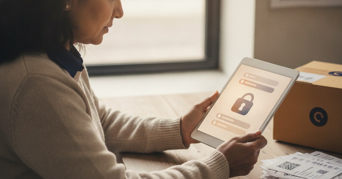 Dueño de un negocio de paquetería revisando en una tablet la configuración de seguridad y accesos de su software