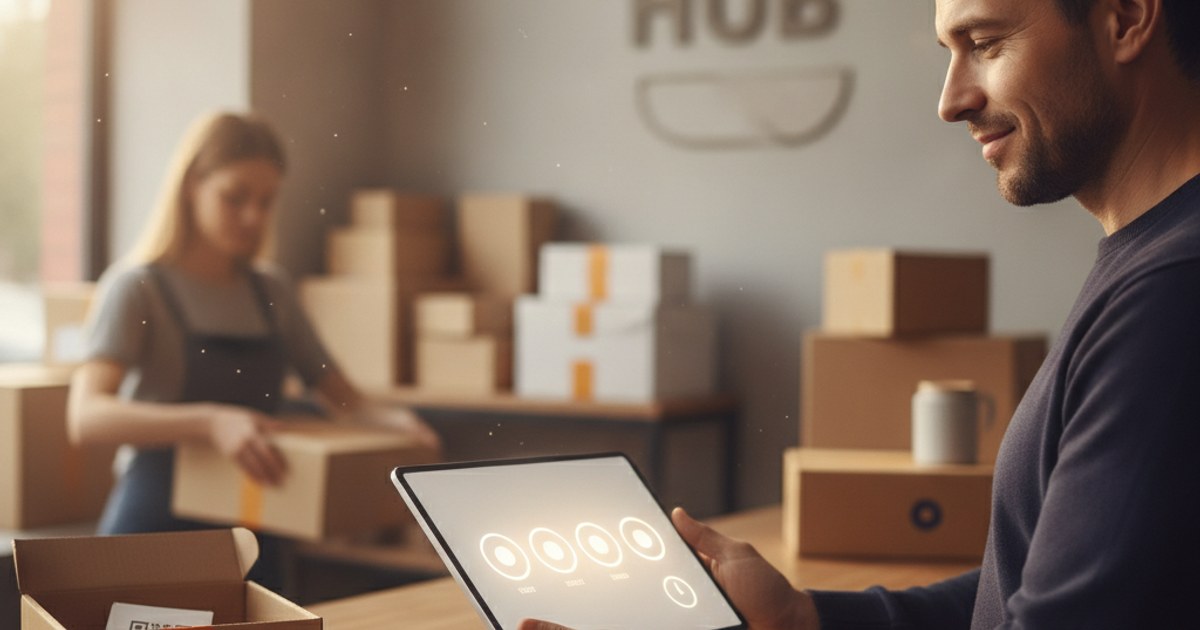 Dueño de un negocio de paquetería revisando en una tablet los tiempos de entrega de sus guías