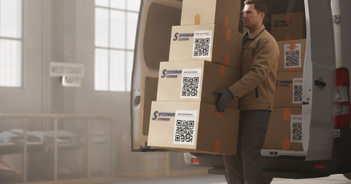 Trabajador de una bodega de courier cargando cajas foráneas en un vehículo de transporte entre ciudades