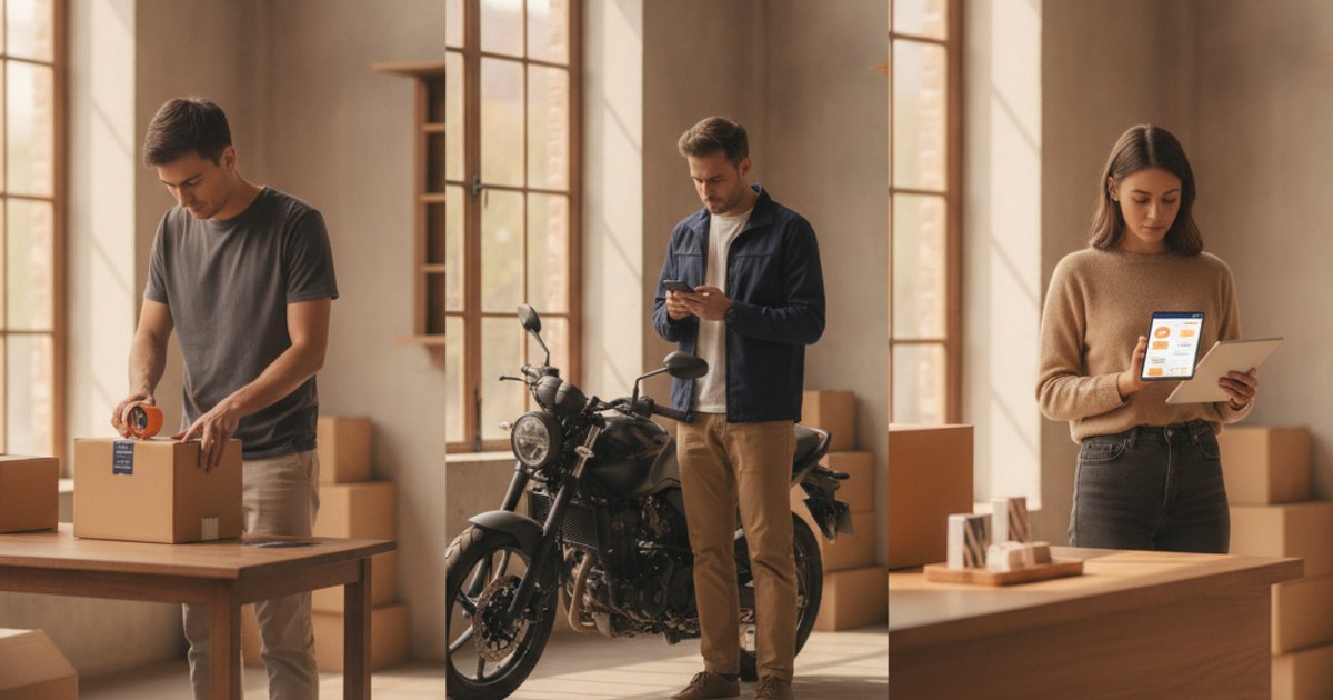 Tres escenas de negocio distintas: una tienda online empacando, un courier independiente en moto y un mostrador con varias tiendas