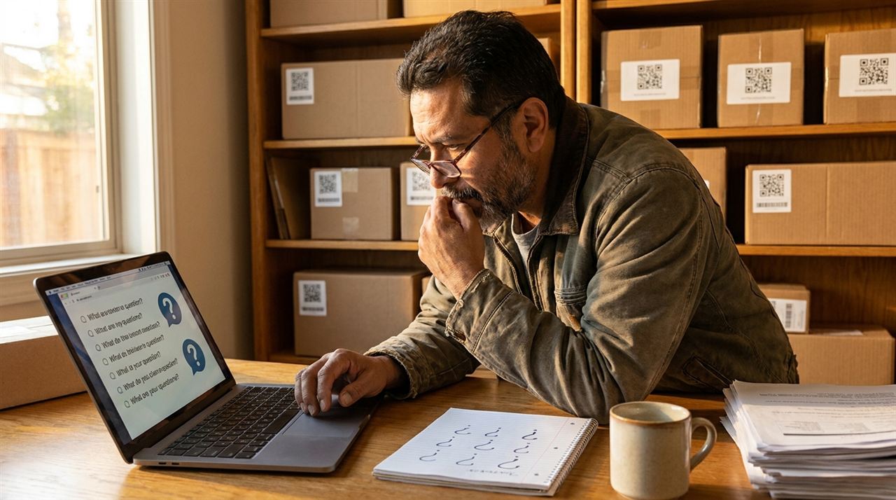Dueño latino de un negocio de mensajería y paquetería leyendo en su laptop las respuestas a las dudas más comunes sobre un software de paquetería
