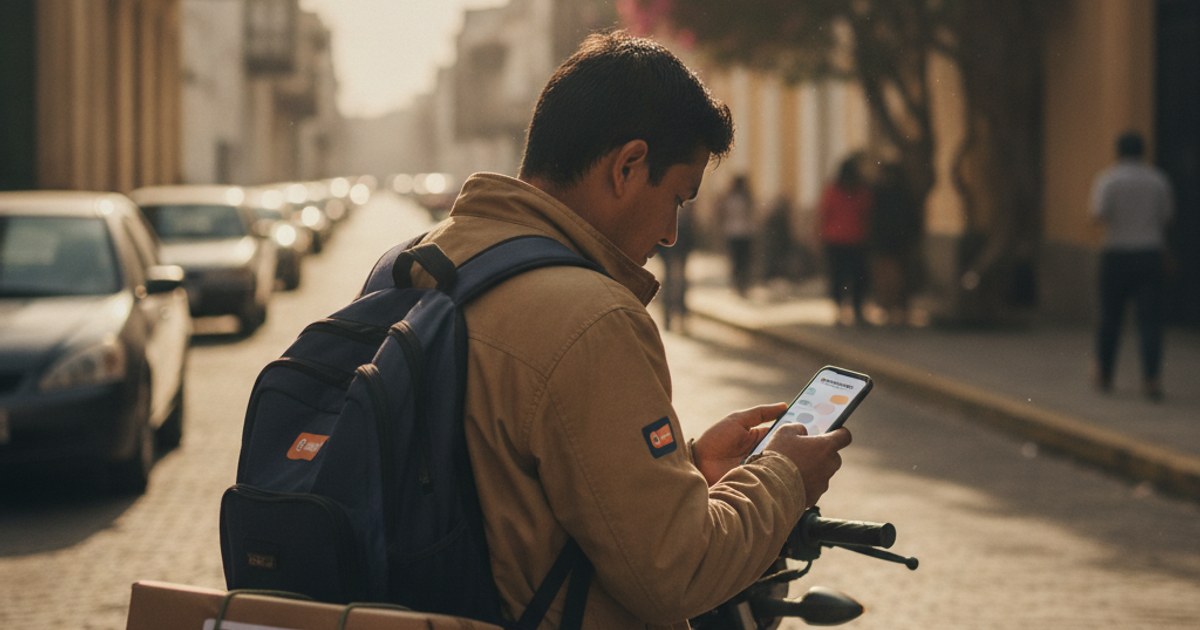 Repartidor en moto en una calle de Lima revisando en su celular una guía de envío antes de repartir