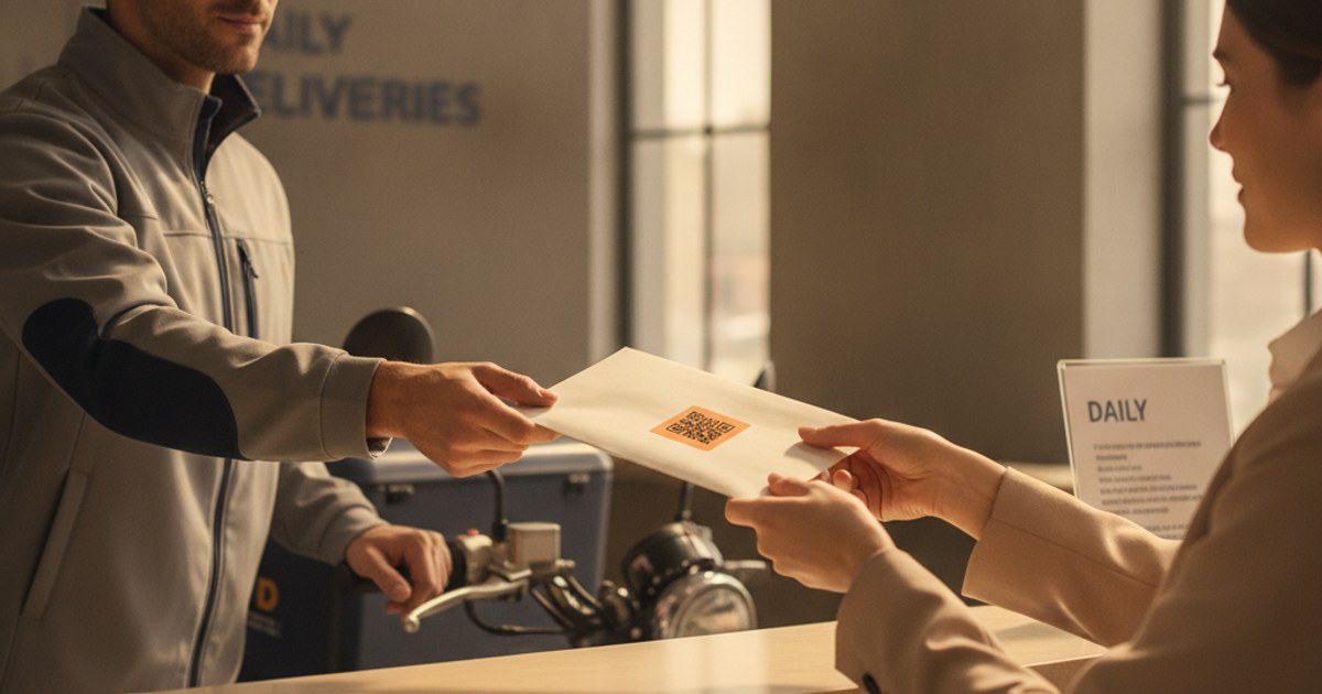 Mensajero entregando un sobre con documentos en la recepción de una oficina
