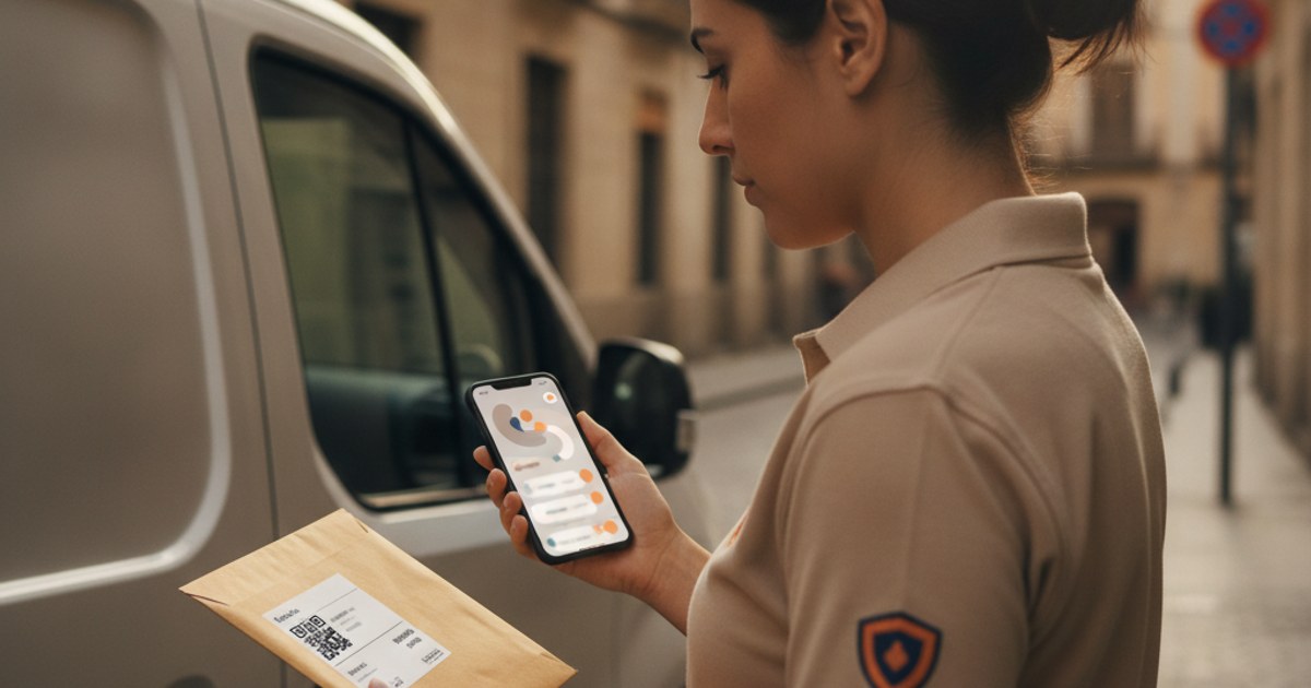 Repartidor de una agencia de mensajería urgente en España revisando una recogida en su celular