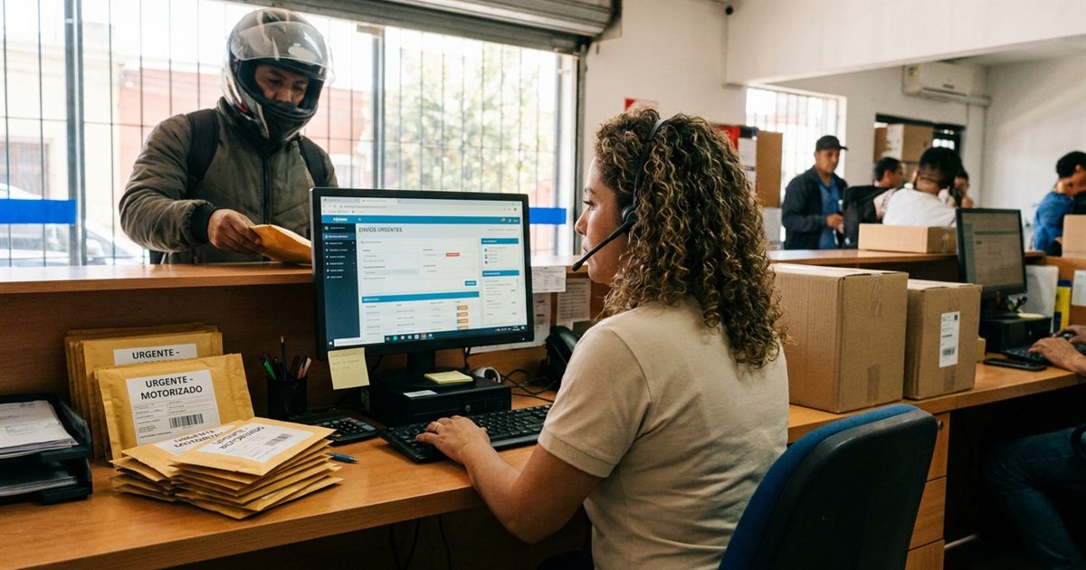 Courier latinoamericano organizando mensajería urgente y paquetería programada en un solo software de gestión de envíos en su oficina