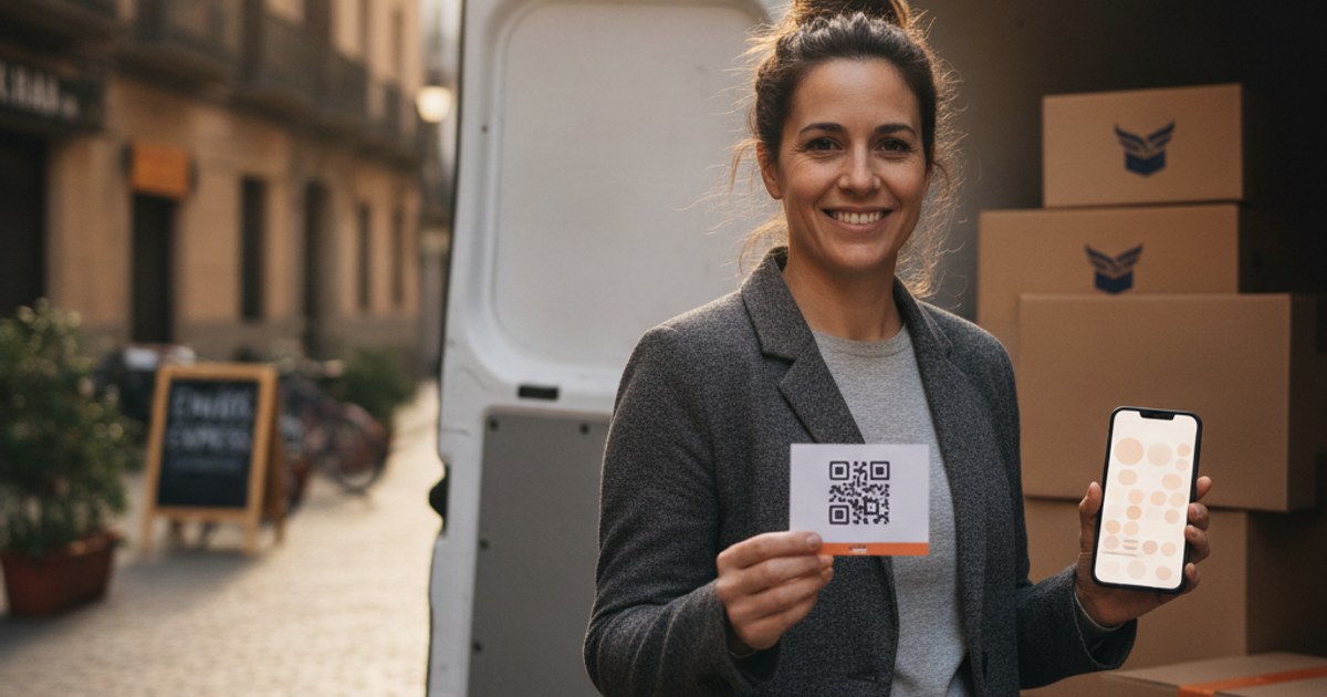 Repartidor de una pequeña mensajería en España revisando una guía de envío con código QR junto a su furgoneta