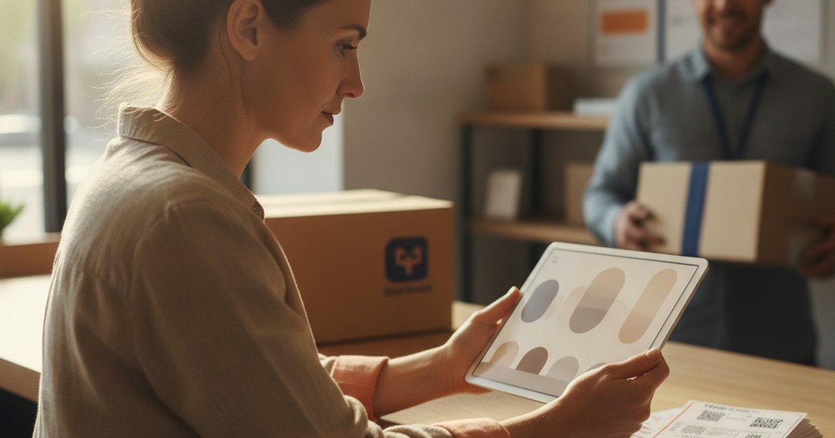 Dueño de un negocio de encomiendas revisando el precio de un plan en una tablet junto a guías de envío