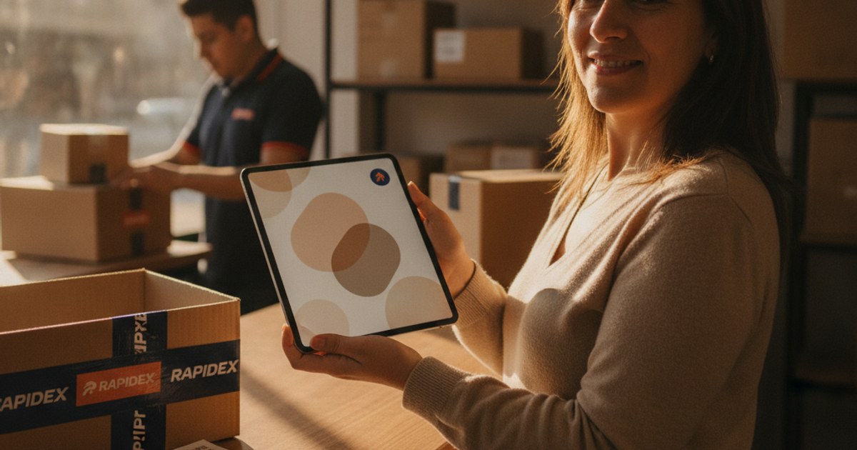 Repartidor de un courier chileno revisando en una tablet el estado de sus envíos junto a paquetes etiquetados