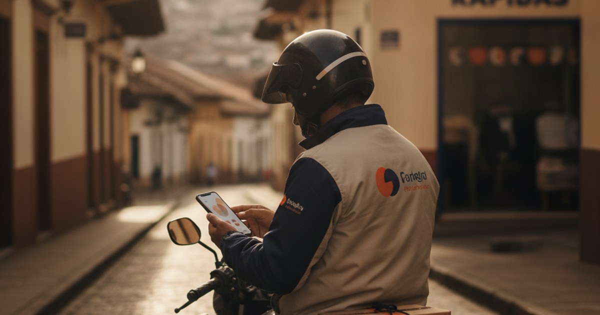 Repartidor de un courier en Ecuador revisando en su celular una guía de envío antes de repartir