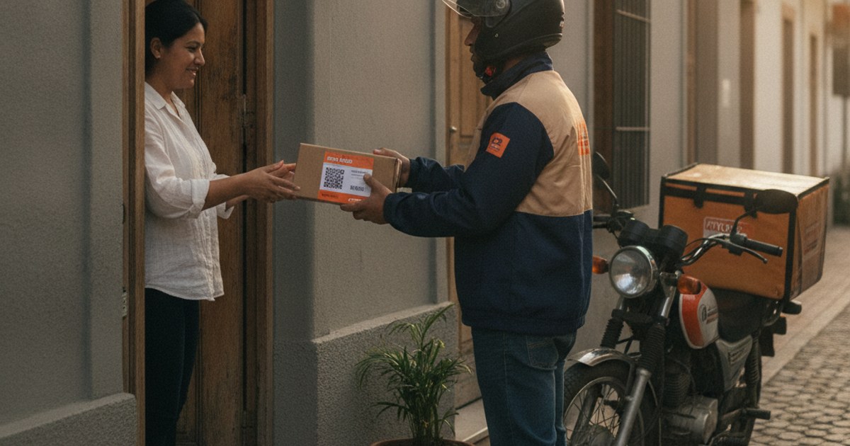 Repartidor en moto entregando un domicilio y cobrando en efectivo en una calle de Colombia